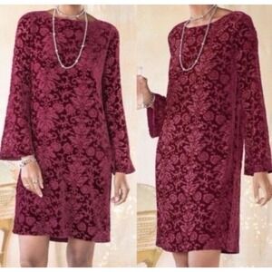 SUNDANCE Burgundy Velvet Burnout Paisley Bell Sleeve Dress Silk Blend Size Large